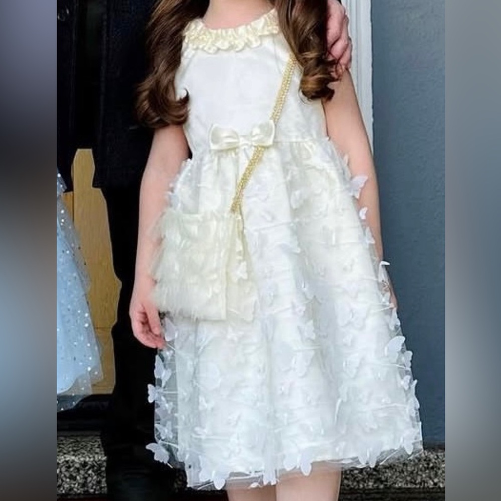 Elegant Ivory Girls' Butterfly Appliqué Dress with Bow